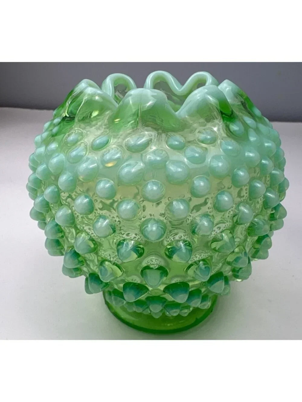 Fenton Green Opalescent Hobnail Vase Ruffled Edge Vintage Elegant Collectible De